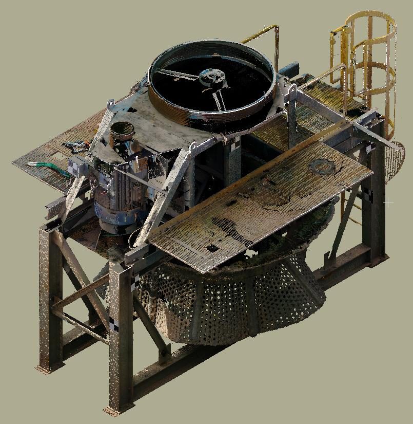 Modelo 3D de equipo minero levantado por escaneo, montado sobre estructura